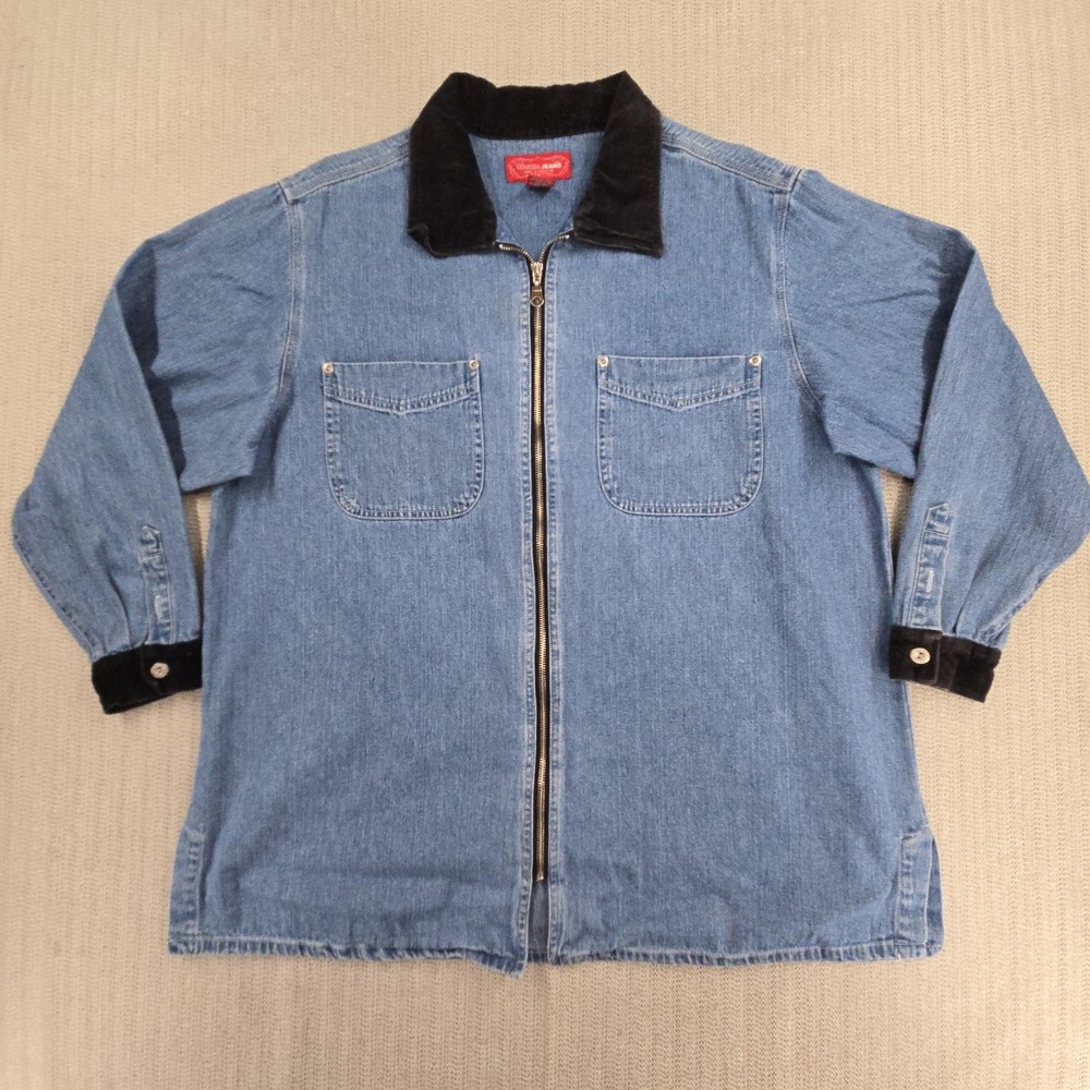 Vintage Venezia Jeans Jacket Womens 14/16 Blue Denim Full Zip Corduroy Collar